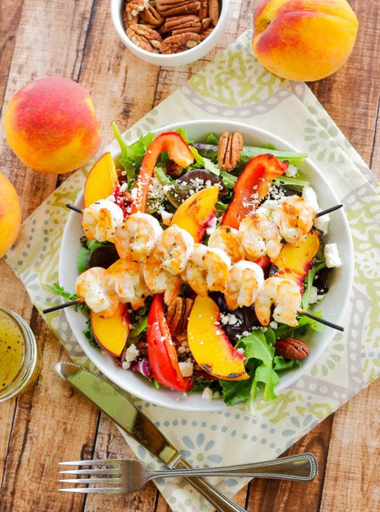 Grilled Shrimp, Peach &amp; Goat Cheese Salad with JJS OWN White Balsamic Vinaigrette